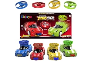 KIZJORYA 4-Pack Toy Racer Car with 4 LED Light Up Flashing Spinning Tops & 4 Flying Tops for Kids, Push & Go Vehicles with Spinner Set, for Boys Girls Toddlers Ages 3 4 5 6 7 8+