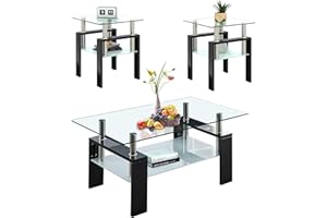 SYBRIOKA Glass Coffee Table Sets of 3 for Living Room, Mordern End Table Sofa Side Tables with Storage, Black Metal Leg, Rectangle Tempered Center Table Home Furniture Set (Clear)