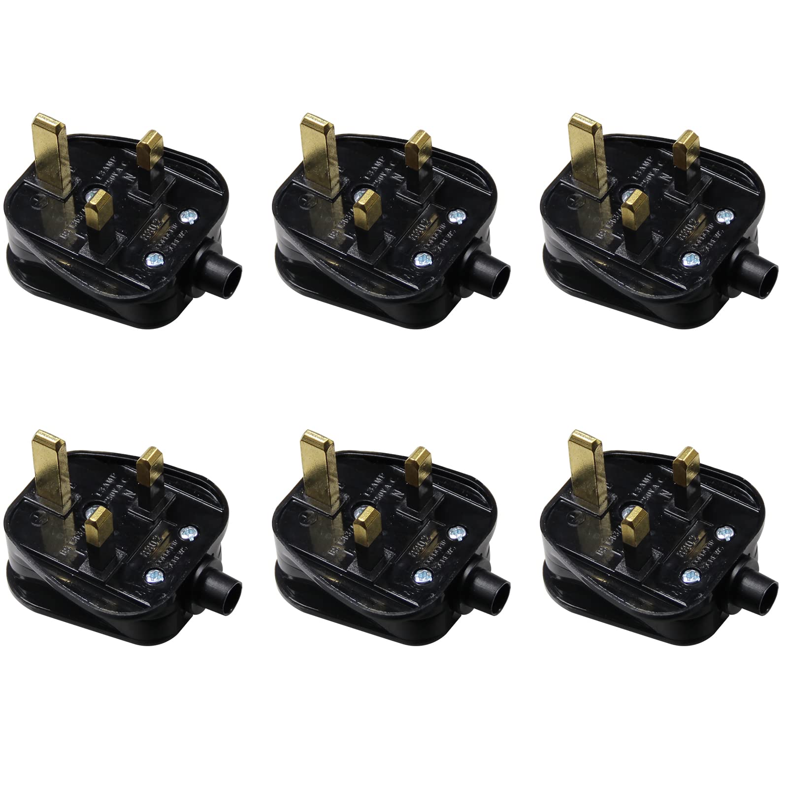 KC CABLE 13A fused plug, 3 Pin Plug 13 Amp Fused Mains Plugs UK Plug with Cord Grip Rewireable Heavy Duty Electrical Plug Durable for Home, Office Electrical Appliances and Devices (Black 6 pack)