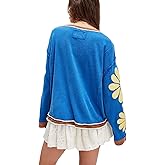 Amiblvowa Women Cute Floral Graphic Sweatshirt Teen Girls Y2K Vintage Aesthetic Preppy Pullover Top Oversized Loose Sweater