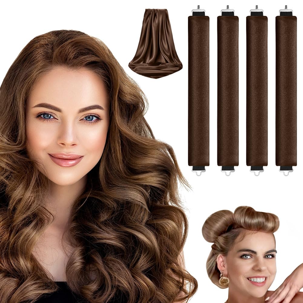 LOPHE 4 Pcs Heatless Hair Curler, Heatless Curls Blowout Rods Headband with Hair Scarf, Soft Hair Roller Rods with Hook, Overnight Heatless Hair Curlers, Women Long Hair Styling Tools, Brown