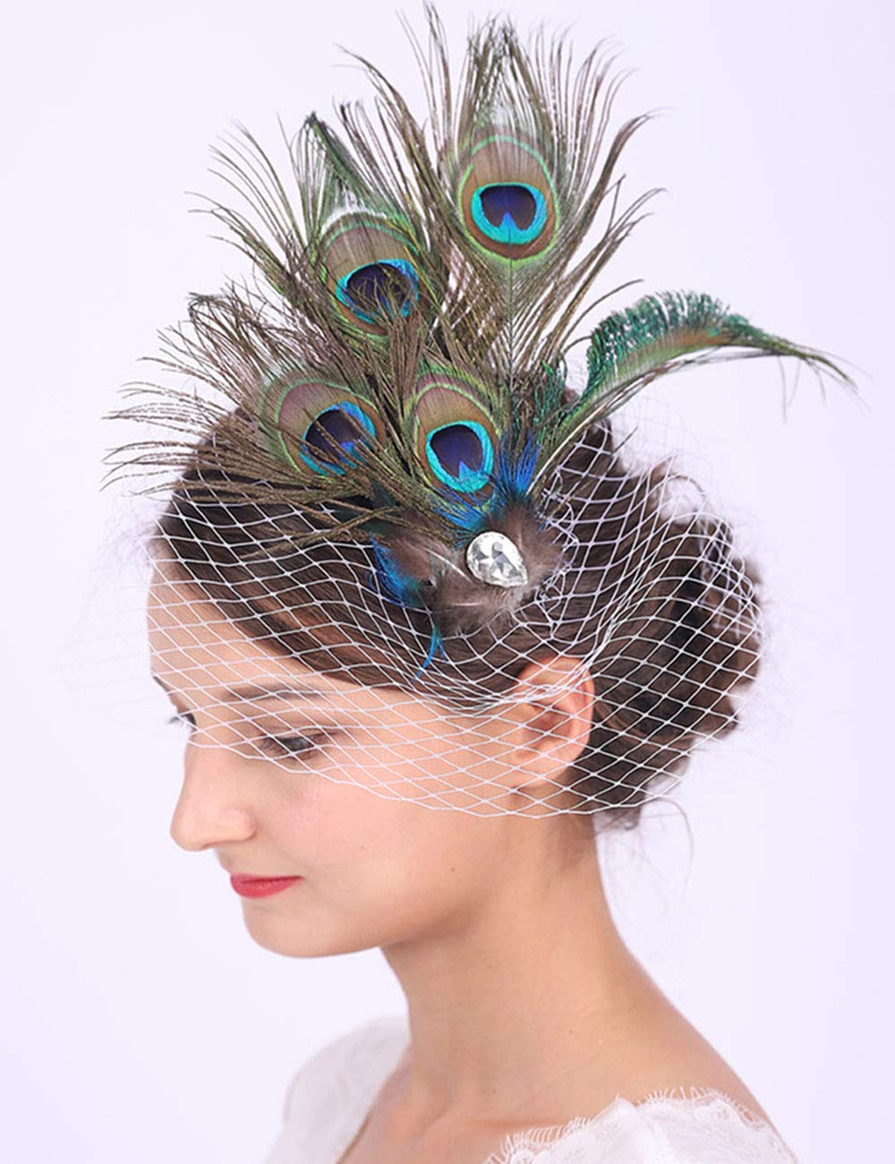 Anglacesmade Bridal Feather Hair Clip with White Veil Peacock Feather Fascinator Bridal Short Veil for Wedding Prom Festival Party 20s Flapper Headpiece for Women and Girls
