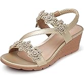 SHIBEVER Wedge Sandals for Women Dressy: Summer Open Toe Low Platform Wedges Sandals Elastic Ankle Strap Flower Comfortable Casual Shoes