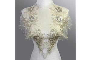 HOFEELME Floral Lace Applique with Sequins - Luxury Embroidered Lace Appliques Trim for Wedding Dresses, Bridal Gowns,DIY Costumes(1 Pair/Gold White)