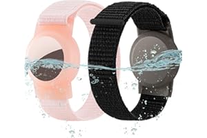ZTOBNY Waterproof Air Tag Bracelet for Kids (2 Pack), Soft Nylon Hidden Air Tag Wristband Full Cover Lightweight GPS Tracker Holder Compatible with Apple AirTag Band for Toddler Child (Black & Pink)