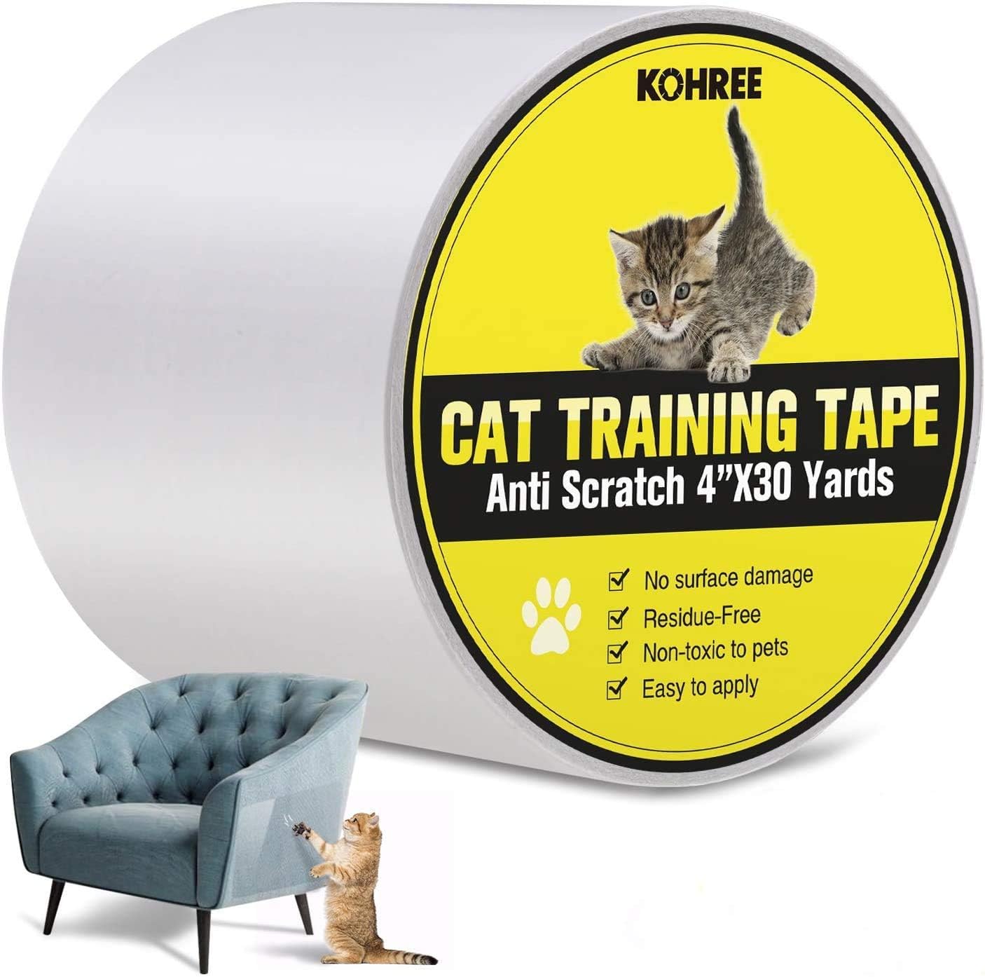 Kohree AntiScratch Cat Training Tape, 4 Inches x 30 Yards(33 Wider) Scratch Furniture