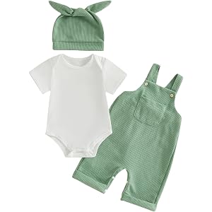 Aopwsrlyi Newborn Baby Boy Overall Outfit Short Sleeve Round Neck Romper Waffle Knit Suspender Pants Hat 3Pcs Set
