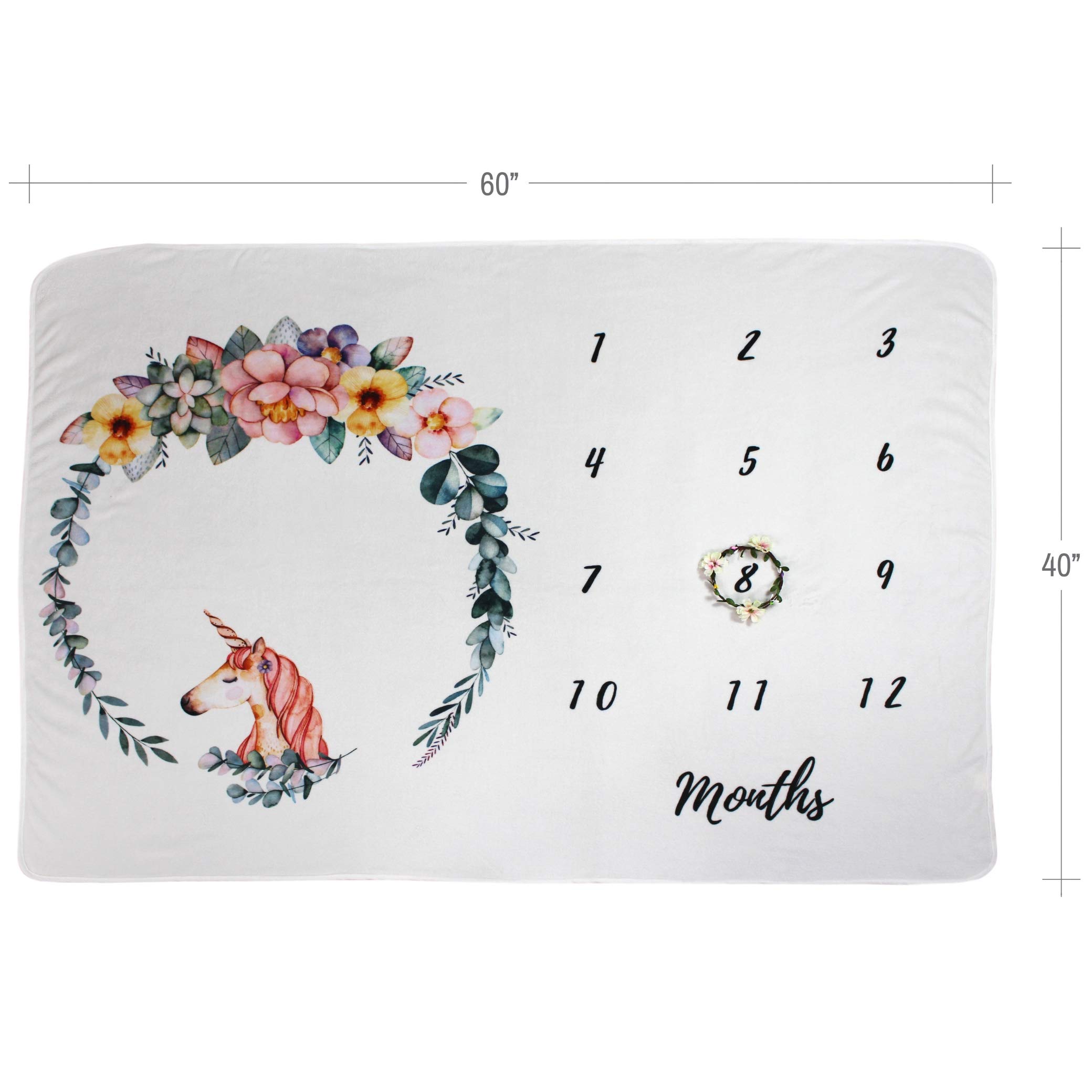 Summit One Baby Monthly Milestone Blanket with Unicorn Design, 1-12 Months (60 x 40 Inch) - Includes Flower Wreath Photography Prop - Large Super-Soft Fleece Newborn Backdrop Blankets for Baby Girls