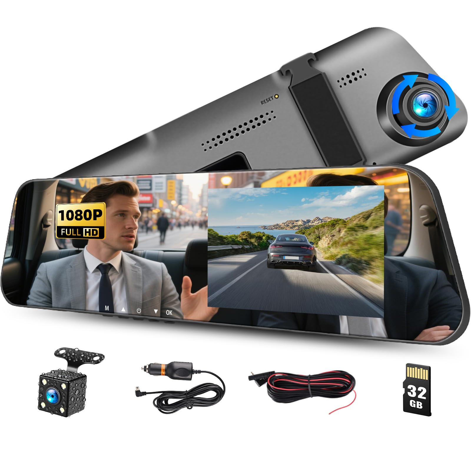 Photo 1 of 4 inch Mirror Dash Cam,1080P Rear View Mirror Camera for Cars,Dual Dash Cameras Front and Rear HD Night Vision,24H Parking Monitoring,Loop Recording, Motion Detection,Reversing Assistance,32GB TF Card