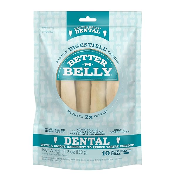 BETTER BELLY HIGHLY DIGESTIBLE RAWHIDE DENTAL CHEWS, TREAT YOUR DOG TO A CHEW WITH NO ARTIFICIAL COLORS OR FLAVORS, 10 COUNT
