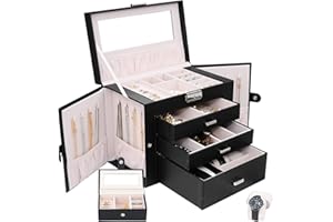 TORIBIO Jewelry Box Leather Jewelry Organizer Case with Mirror for Women Girls Ring Necklace Earring Bracelet Storage Case