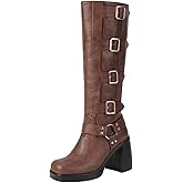 Seborluys Brown Knee High Buckle Boots for Women Winter Warm Square Toe Platform Chunky Block High Heel Gogo Boots Pull On Fashion Gothic Riding Fashion Buckle Biker Motorcycle Boot,Size 8.5
