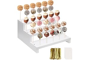KHayRovies Wood Cake Pop Stand, 3 Tier White 33 Holes Lollipop Display Holder with Twist Ties Lollipop Sticks, Cupcake Dessert Display Stand Riser for Table of Wedding Birthday Party Christmas Day (A)