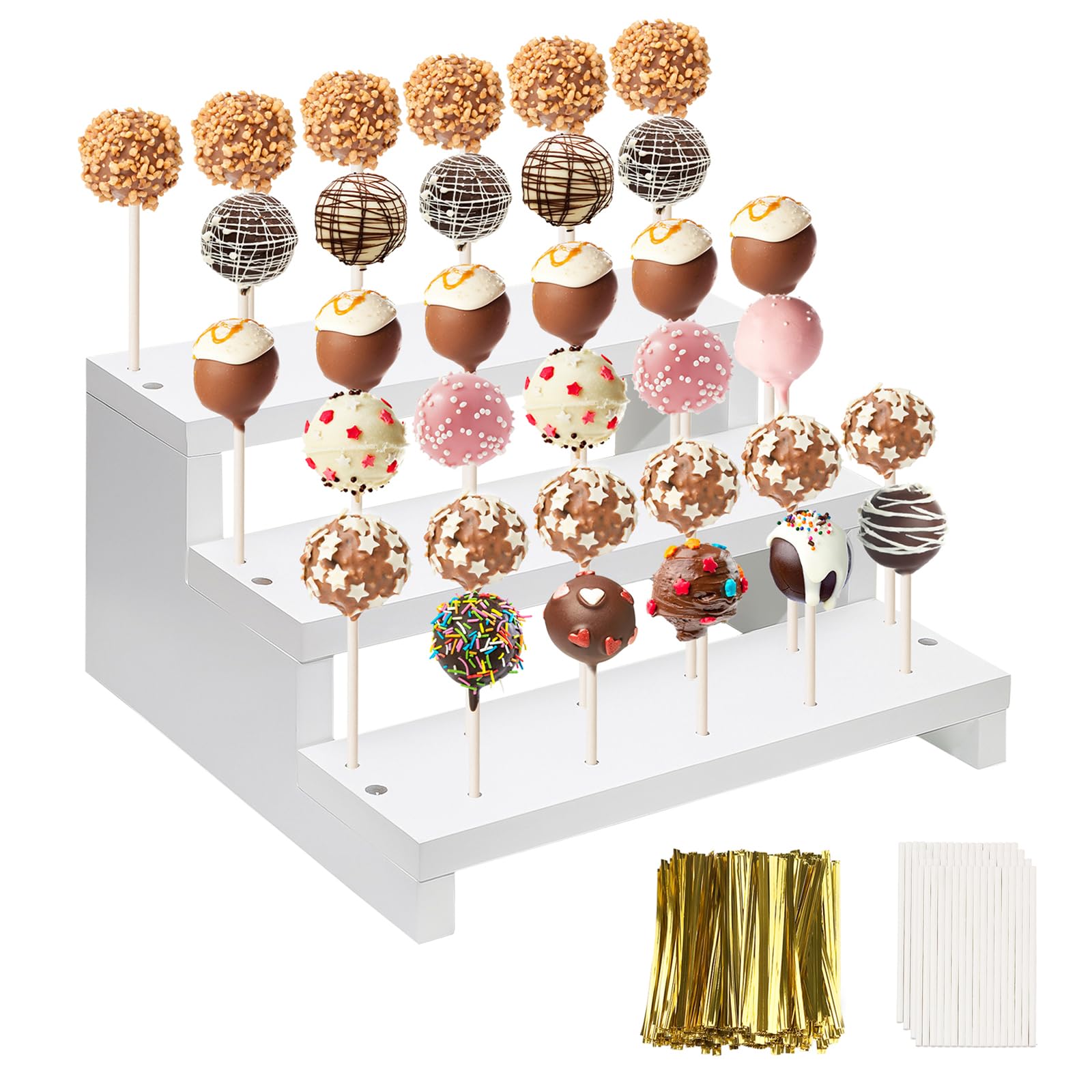 Photo 1 of KHayRovies Wood Cake Pop Stand, 3 Tier White 33 Holes Lollipop Display Holder with Twist Ties Lollipop Sticks, Cupcake Dessert Display Stand Riser for Table of Wedding Birthday Party Christmas Day (A)
