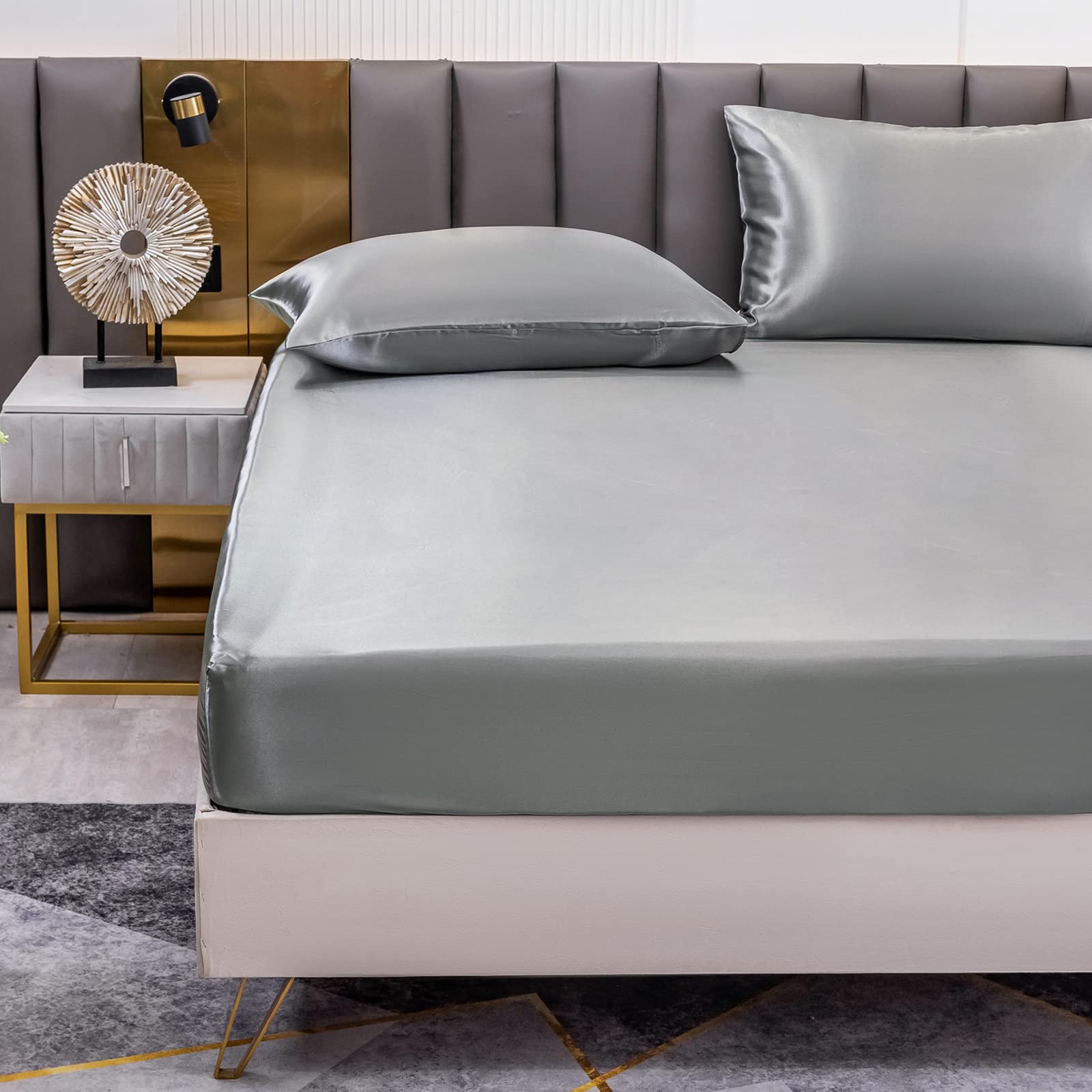 Jemiipee Satin Fitted Sheet Dark Grey, King Size for Bed 150 x 200 cm, Deep Pocket 30 cm (12 Inch), Soft Silky Solid Color Fitted Bedding Sheets