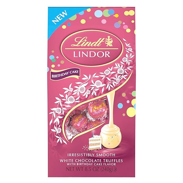 LINDT LINDOR BIRTHDAY CAKE WHITE CHOCOLATE TRUFFLES, WHITE CHOCOLATE CANDY WITH SMOOTH, MELTING TRUFFLE CENTER, 8.5 OZ.
