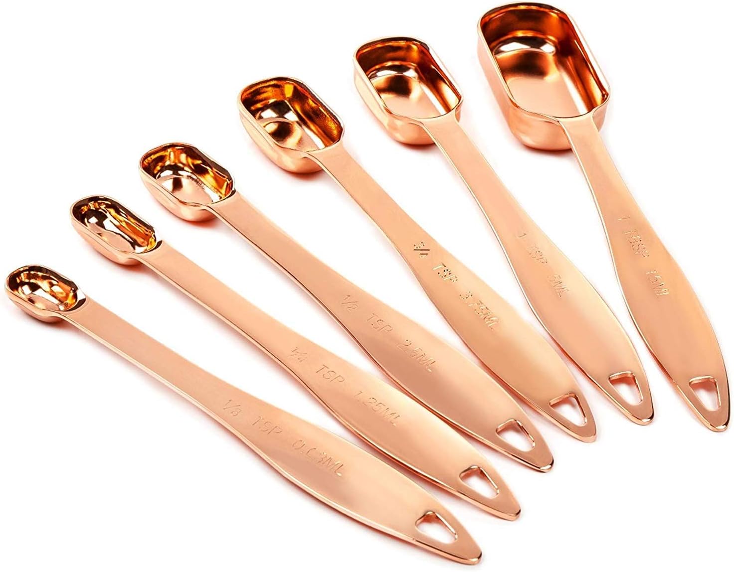 Copper Measuring Spoons, Set of 6 - Extra Sturdy & Heavy Duty. Copper-Plated Top-Quality Stainless Steel. Mirror Polished Copper Finish. Dry & Liquid Ingredients. Narrow Shape For Jars. By COPPER GEMZ