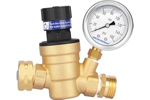 MEASUREMAN Handle Adjustable Lead Free Brass RV Pressure Regulator, Pressure Reducer With Liquid Filled Pressure Gauge 160psi