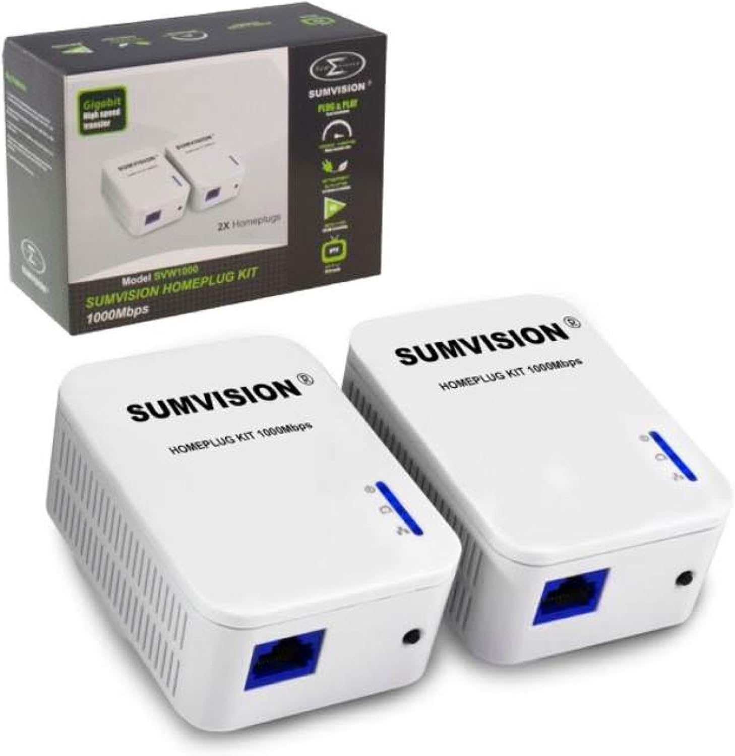 Sumvision® Powerline HomePlug Adaptors 1000Mbps Gigabit Twin Network
