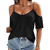 Eachyes Womens Summer Cold Shoulder Tops Low Back Short Sleeve V Neck T Shirts Sexy Casual
