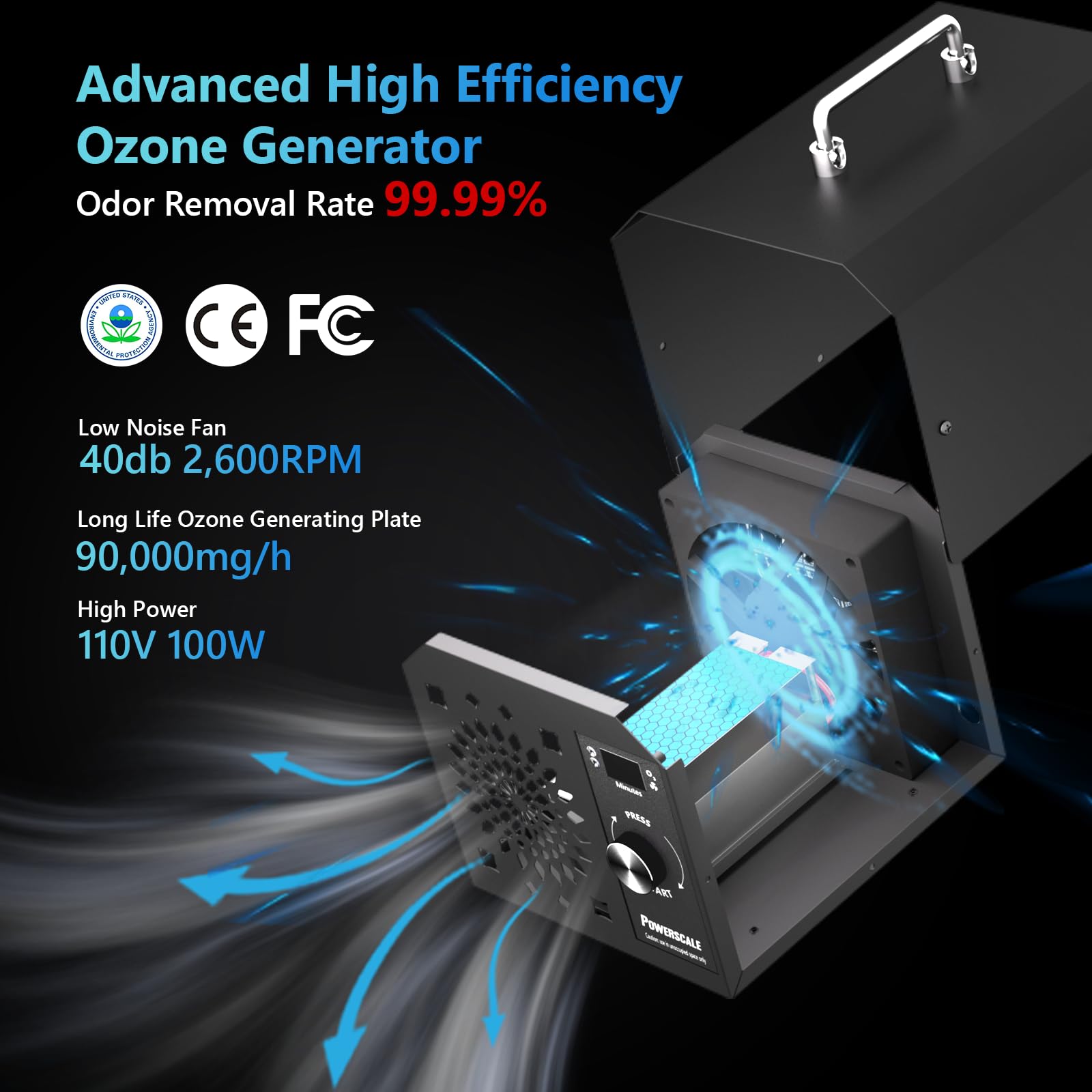 PowerScale Ozone Generator 90,000mg/h O3 Intelligent Control Ozone Odor Eliminator Commercial Ozone Machine Odor Removal, For Home, Car, Pet Room - High Capacity Ionizer Ozone Air Purifier, Black