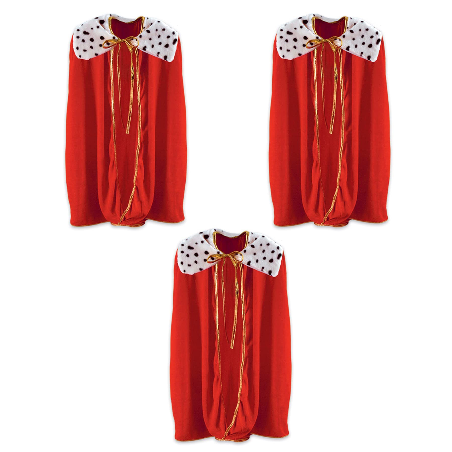 Beistle Child King and Queen Robe – 3-Pack Red Velvet-Style Royal Capes with Faux Fur Trim and Gold Piping for Costumes, Fantasy Dress-Up Play, Storybook Themes & Regal Celebrations, Youth Size, 33" Image