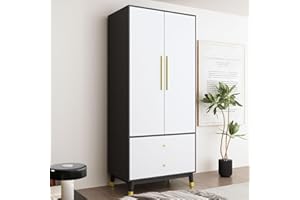 MOUMON 2-Door Wardrobe Closet with 2 Drawers, Armoire Wardrobe Closet with Hanging Rod, Bedroom Armoire Closet with Wooden Legs, Light Grey and Dark Grey (31.5”W x 19.1”D x 71.1”H)