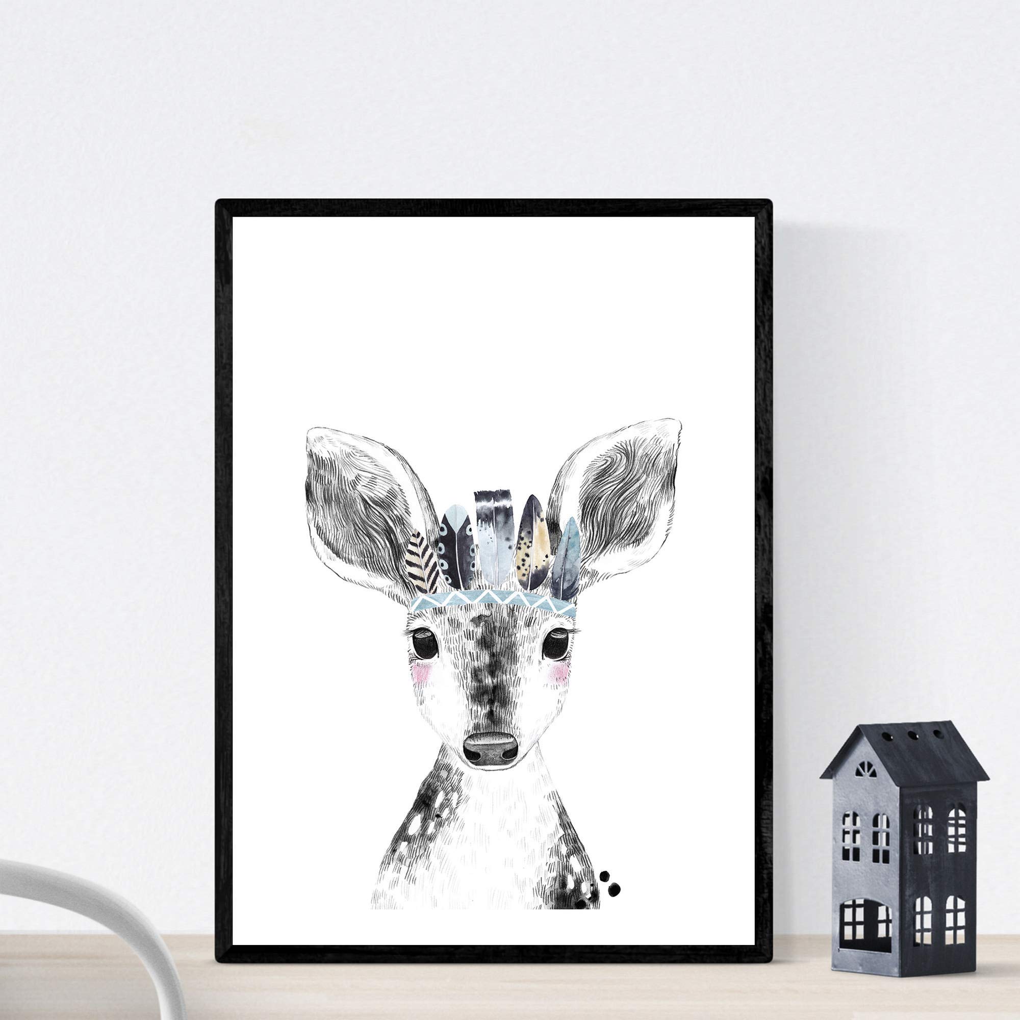 Nacnic Deer baby blue feathers poster child sheet size A3 infant animals Unframed