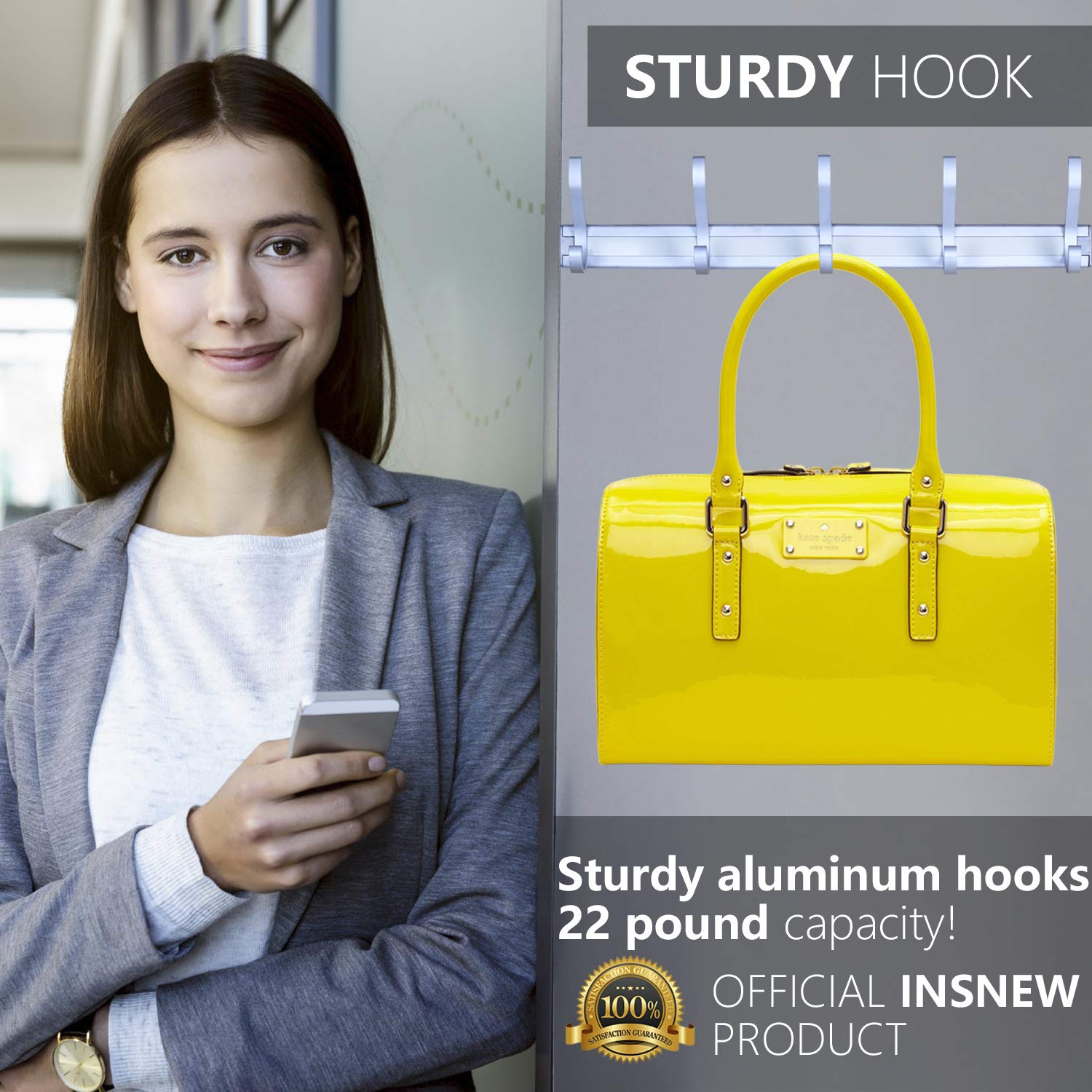 Insnew Coat Rack Wall Mounted - Coat Hook Rack Rail Hanger to Hang Coat Clothes, Purse, Hat, Towel, Key - White Finish Satin Nickel Portable 5 Hooks for Entryway, Kitchen, Bathroom, Door, Closet Room