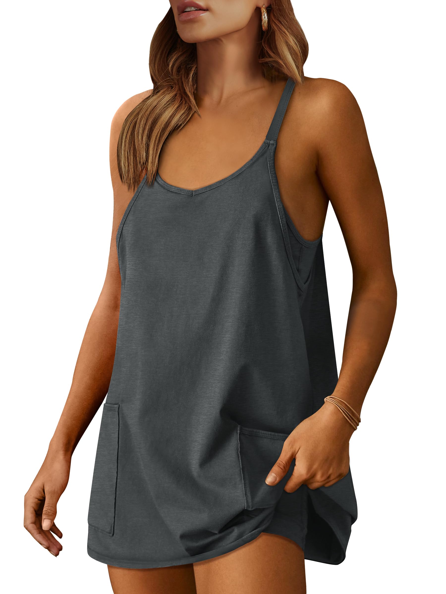 Photo 1 of ANRABESS Women Athletic Dress Summer Tennis Workout Active Sports Mini Romper Dress Built in Shorts Travel Vacation Clothes Deep Gray X-Smal