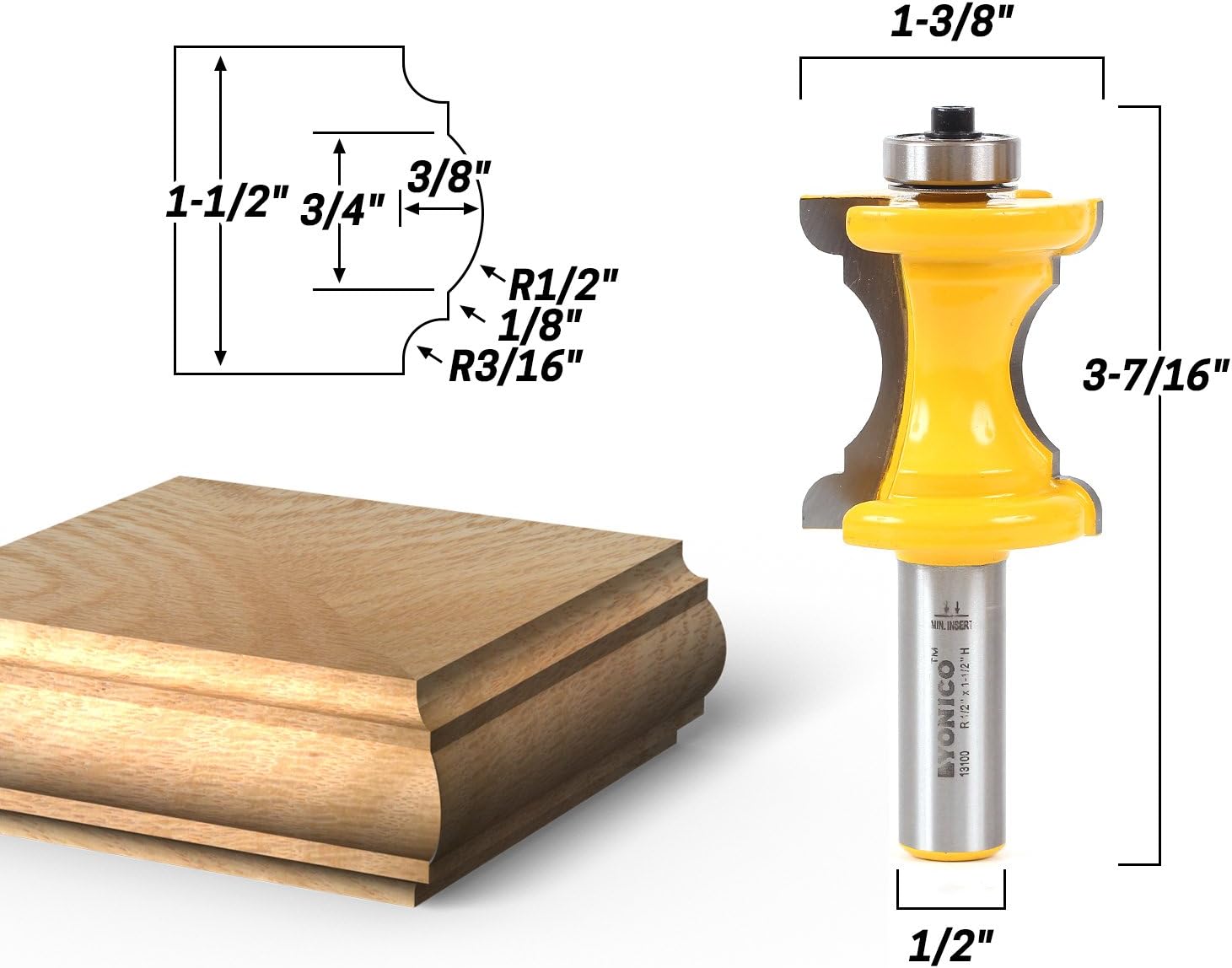 Yonico 13100 - Furniture Trim & Molding Router Bit, Bullnose & Cove - Cutting Height: 1-3/4" - 1/2" Shank - Image 3