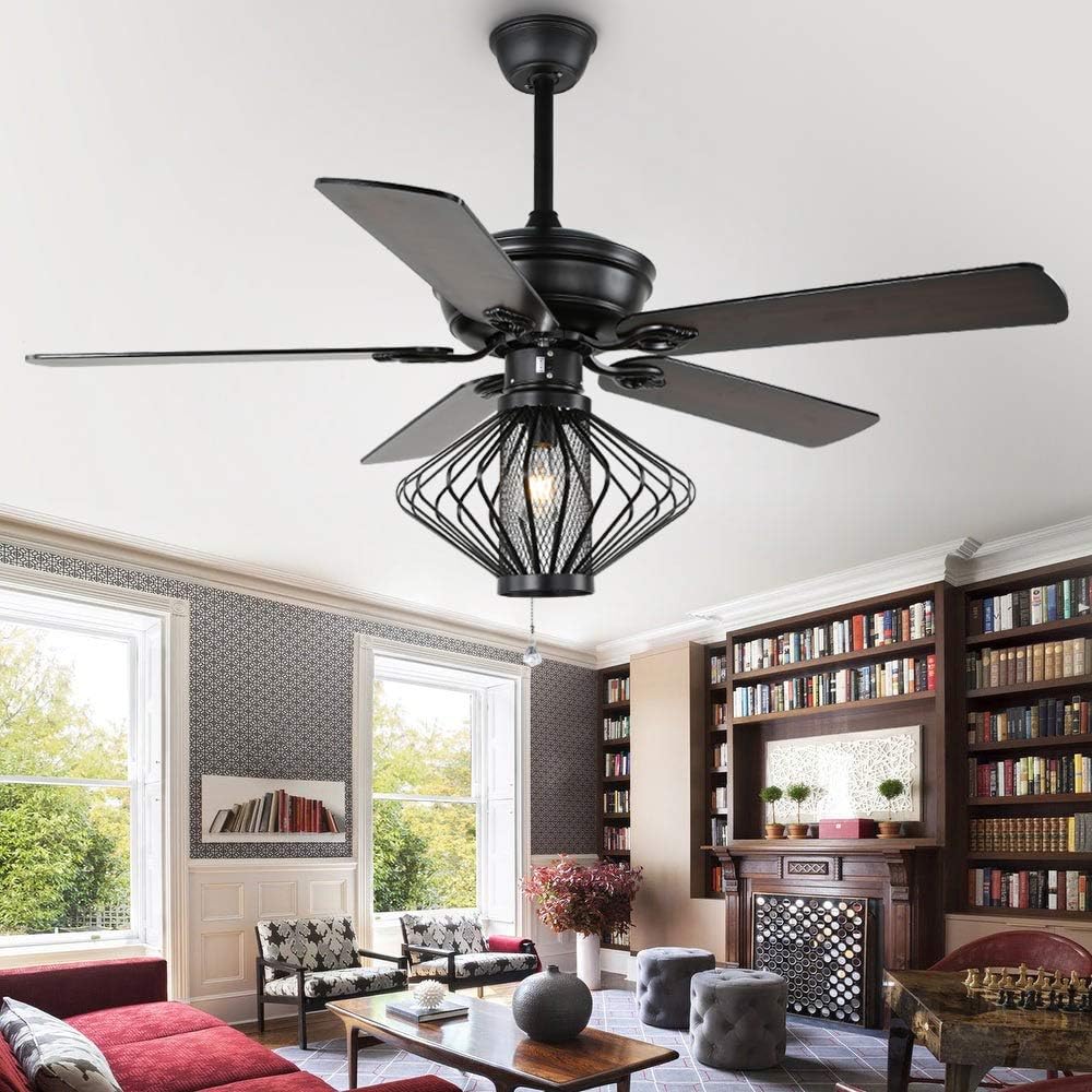 52" Retro Industrial Ceiling Fan, Black Iron Cage Ceiling
