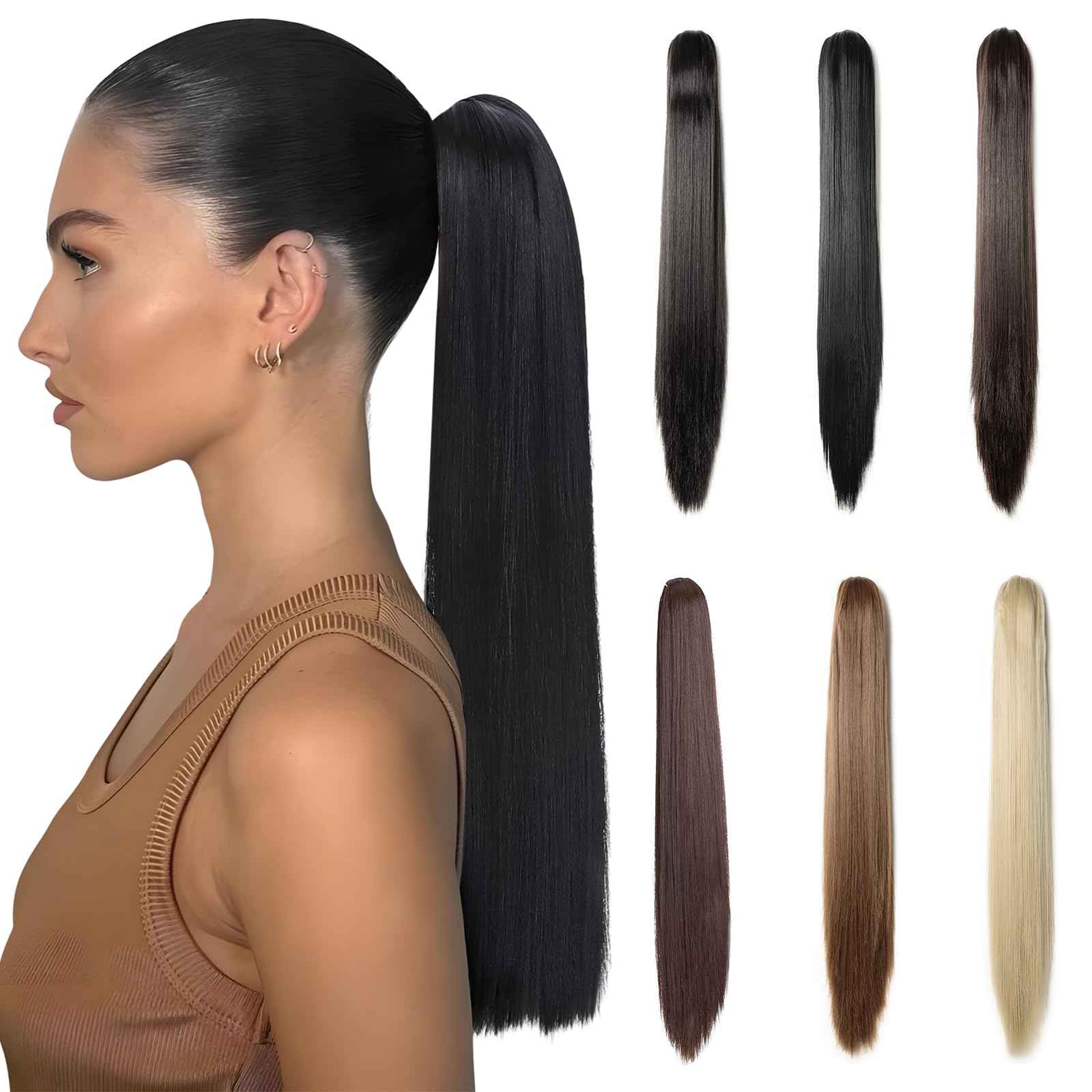 Benehair Claw Clip in Ponytail Hair Extensions, 21 Inches Long Straight Ponytail Extensions Black Hair Pieces for Women(Black, 140g)