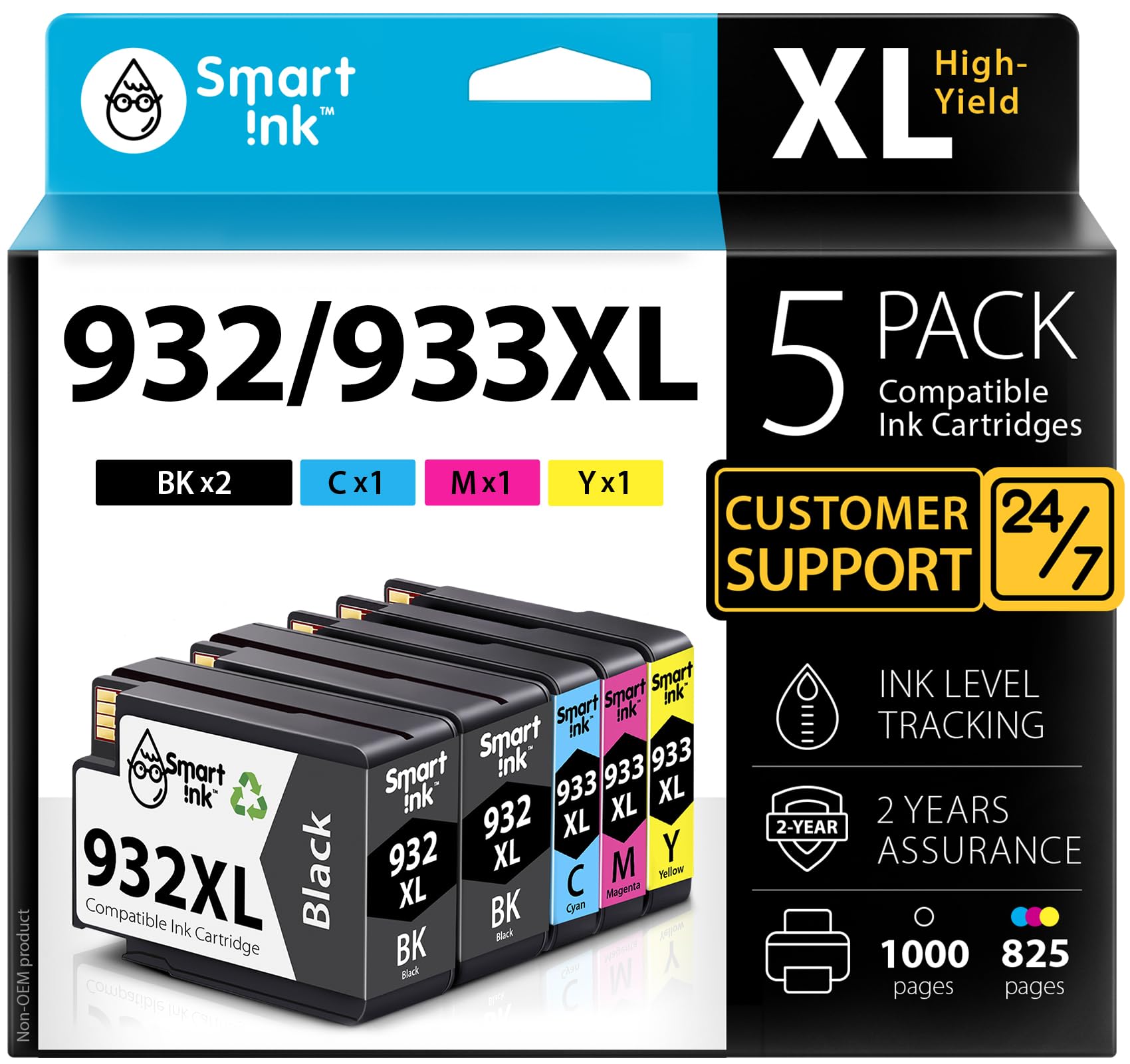 Smart Ink Compatible Ink Cartridge Replacement for HP 932XL 933XL 932 XL 933 High Yield (2 BK & C/M/Y 5 Combo pack) to use with Officejet 6100 6600 6700 7110 7510 7610 7612 7620