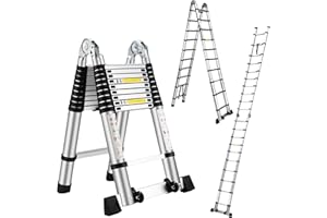 Wolec 20FT Telescoping A Frame Ladder with Stabilizer Bar Wheels,Portable Multi-Purpose Collapsible Ladder for Roof Ceiling Household Use