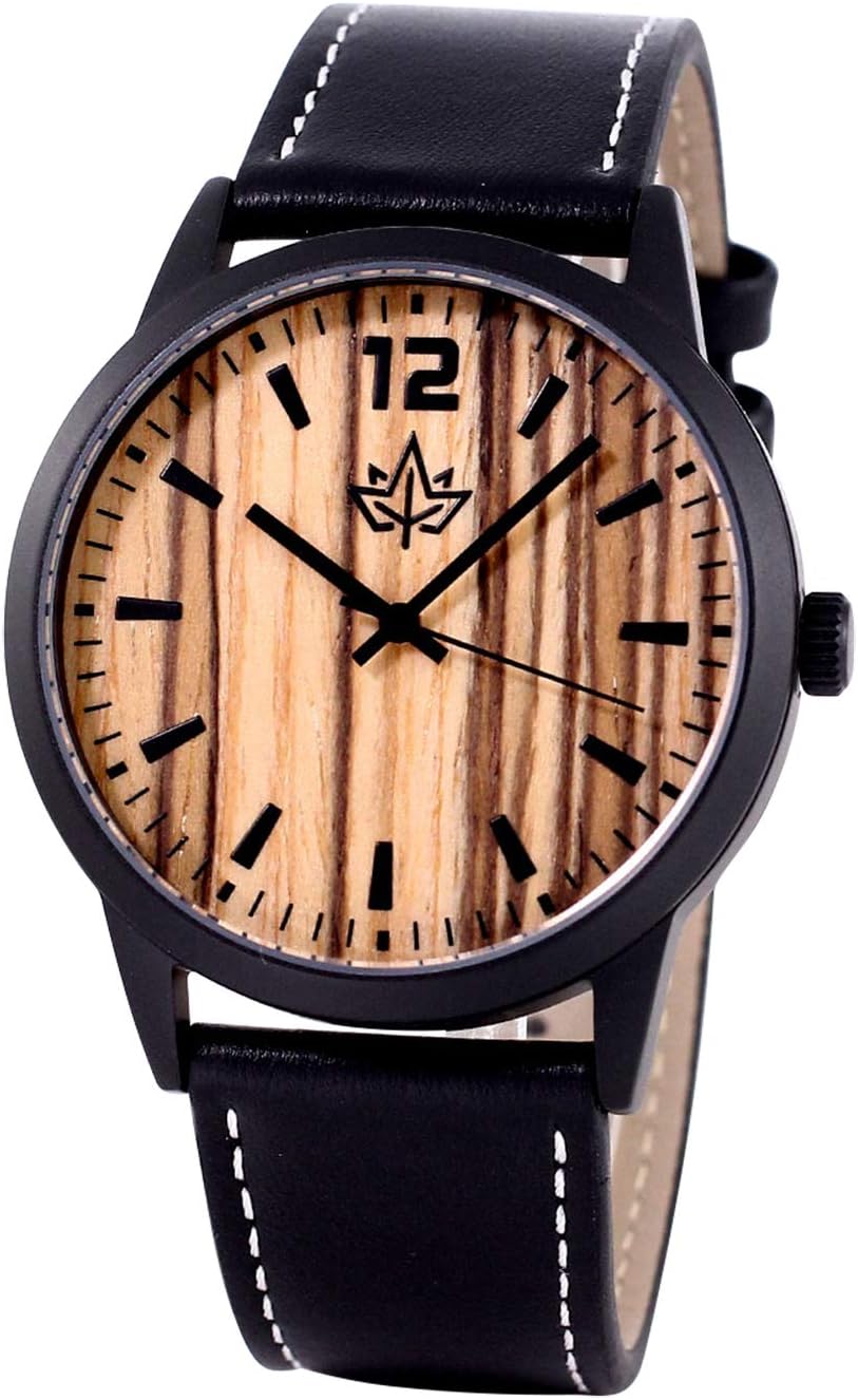Wooden Watch for Men - Leather Band, Large, Easy Read Wood Face in a Matte Black Stainless Steel Case. Waterproof! Sport Elegant. Japanese Quartz Movement. Include Credit Card Holder and Gift Box