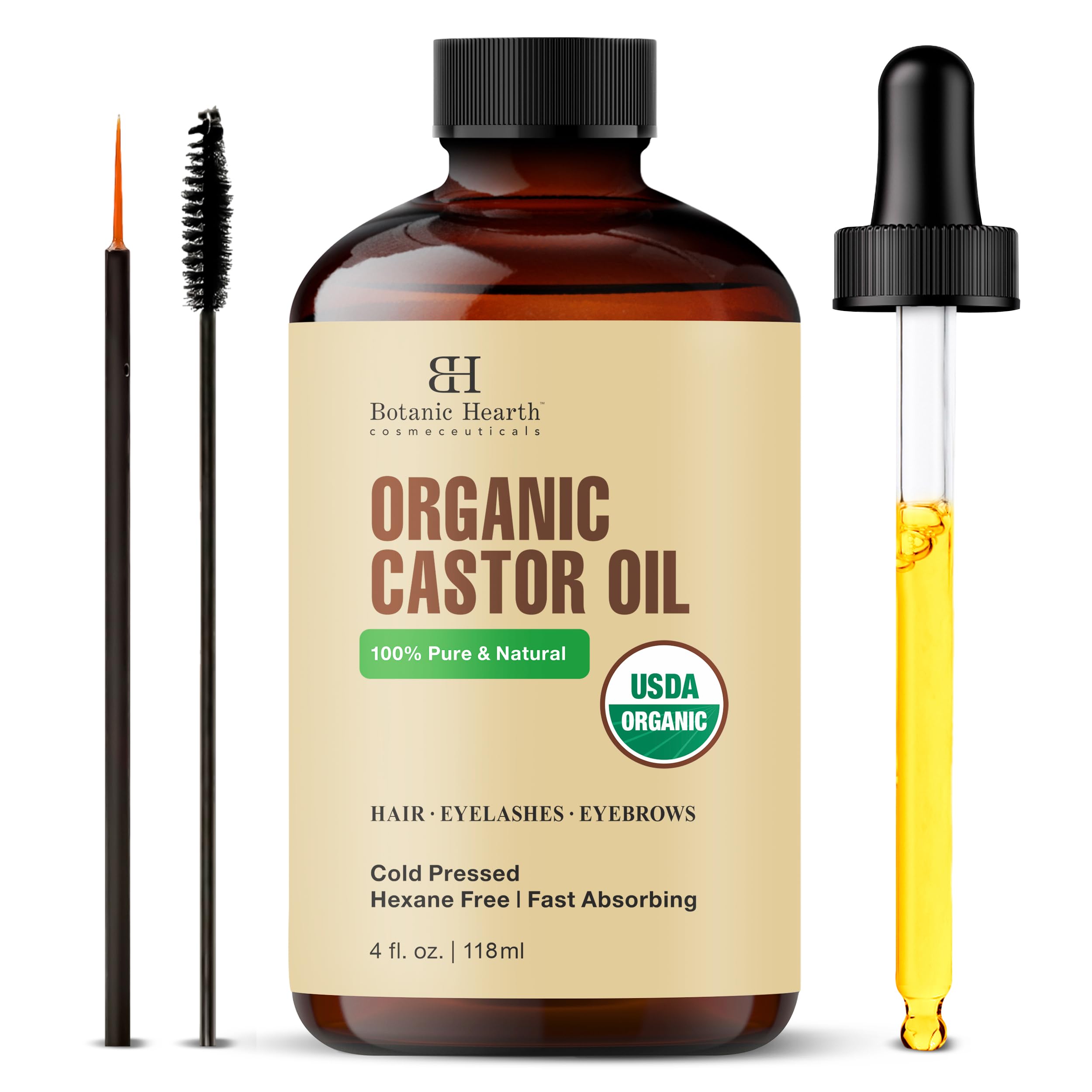 Botanic Hearth Castor Oil 4 Fl Oz (118 ml) | Cold Pressed | Hexane Free, 100% Natural - Pure Castor Oil Organic for Eyelashes, Hair Growth, Eyebrows, Skin, Face | 100% Natural and Vegan