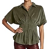 Wefebi Women's Casual Faux Suede Shirt Short Sleeves Blouse Button Down Peplum Tops