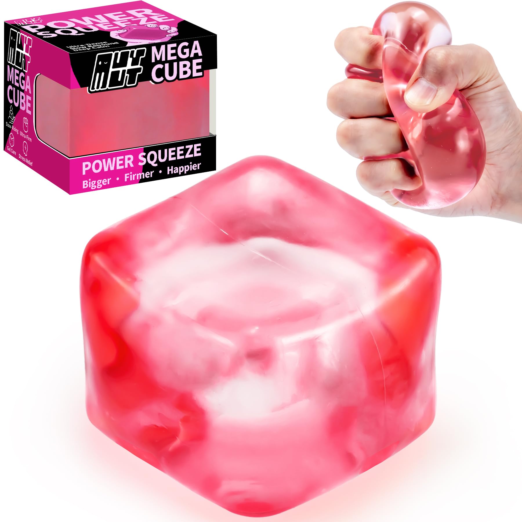MUYMUT Premium MEGA Cube – Extra Large Ultra-Firm Gel Squishy Fidget Toy | Stress Balls for Adults with Non-Sticky, Odor-Free Shell & Reinforced Dual Leak-Proof Seals for Heavy-Duty Use | 1-Pack Pink