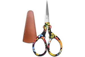 Jaasuee Sharp Embroidery and Crafting Scissors with Leather Cover, 3.62 inch Stainless Steel Stork Shaped Scissors for Needlework and DIY Crafts, Black Flower, J5064