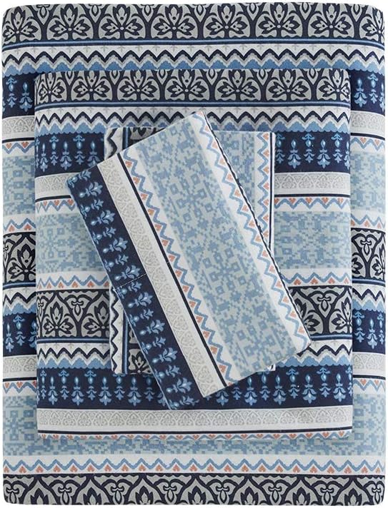 Sleep Philosophy True North Cozy Flannel Warm 100% Cotton Sheet - Novelty Print Animals Stars Cute Ultra Soft Cold Weather Bedding Set, Full, Blue Fair Isle 4 Piece