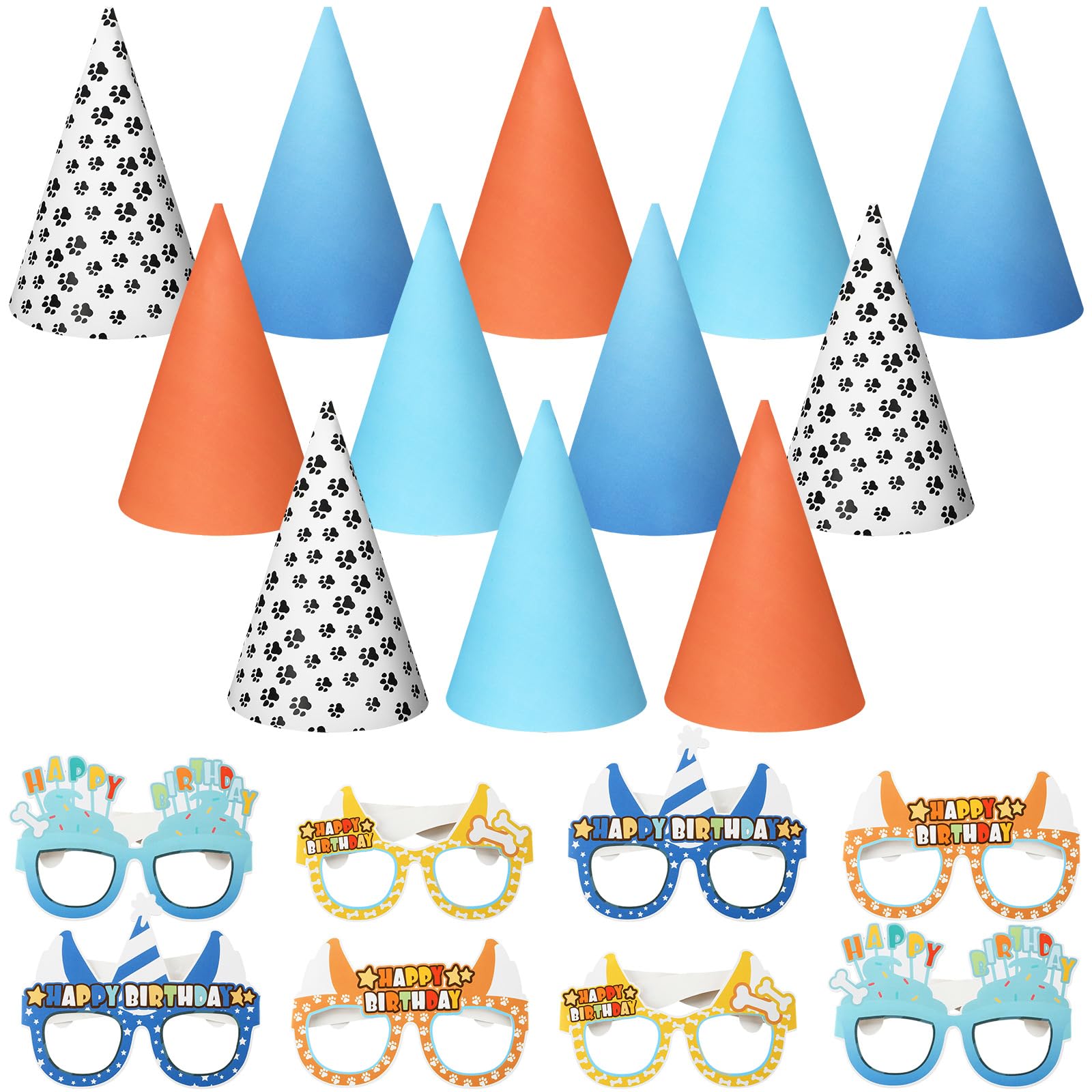 Photo 1 of RoundFunny 24Pcs Blue Dog Birthday Party Supplies 12 Blue Dog Party Cone Hats and 12 Paper Sunglasses for Teens Adults Family(Classic Style)