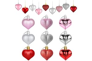 36Pcs Valentines Day Decor Heart Ornaments, Heart Ornaments, Valentines Heart Decorations - Red Pink Silver Glitter Heart Sha