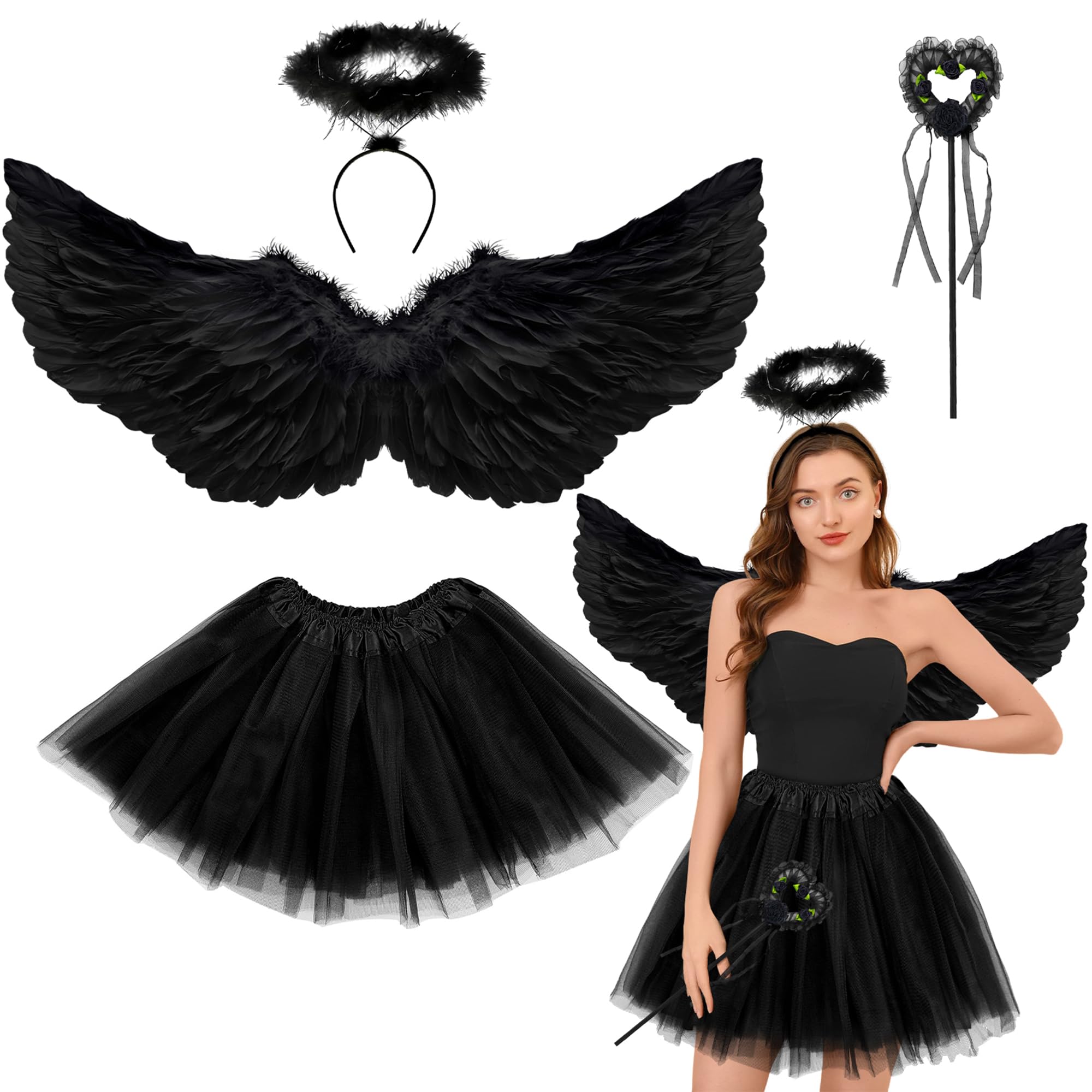 Goenb Angel Wings, 80 * 40cm Black Angel Wings and Halo Wand Angel Costume Accessories with Tulle Tutu Skirt for Women Girls for Halloween Christmas Fancy Dress Up โ image 1