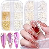 2 Boxes Nail Art Pearls Half Round Pearl & Mini Metal Nail Art Caviar Beads Flatback White AB Half Pearls Nail Art Supplies Luxurious Design Rhinestones Nail Art Accessories Pearls DIY Nail Decoration