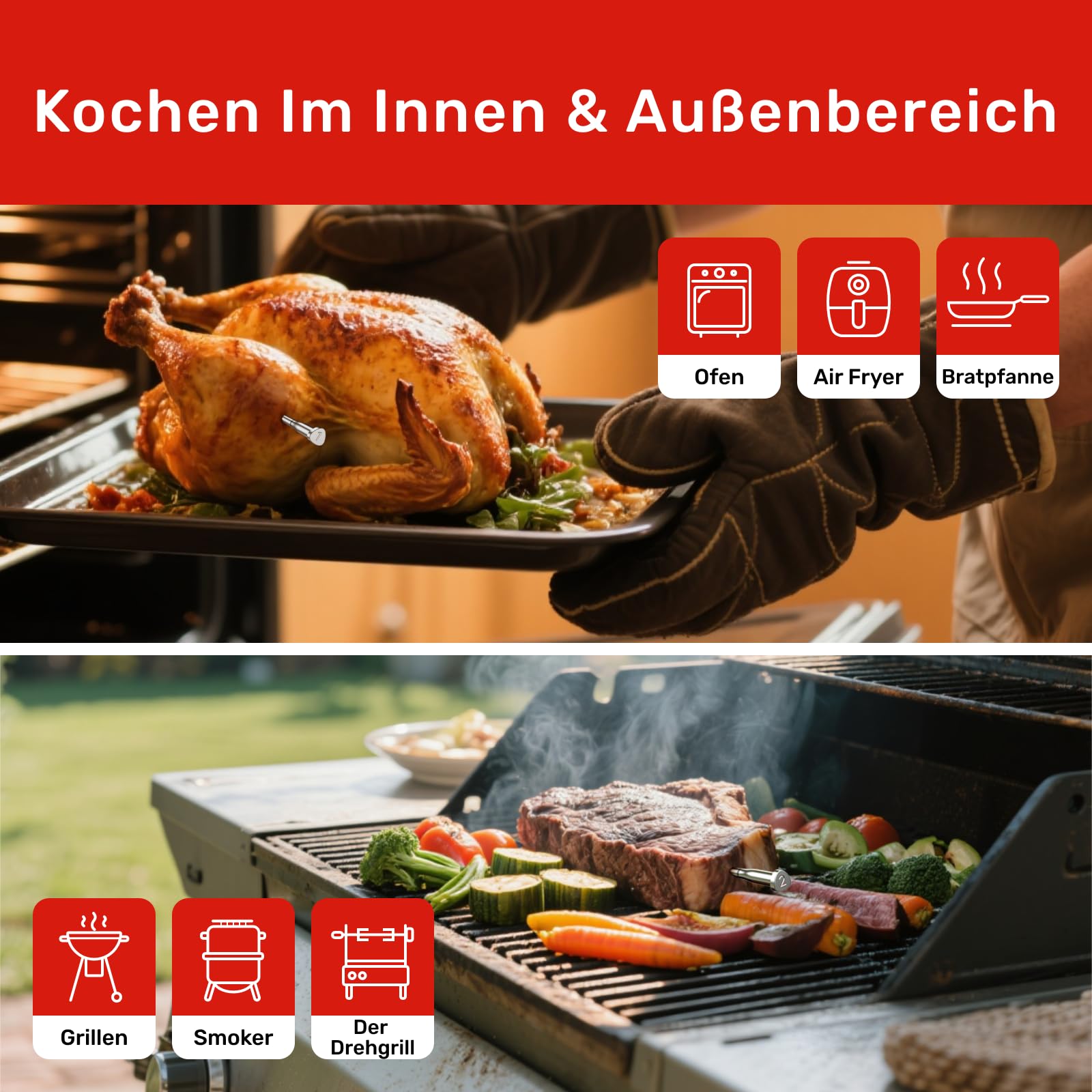 Meatmeet Fleischthermometer kabellos mit Bluetooth & WLAN, 2 Sonden 6 Sensoren, Einteiliges Edelstahldesign, IP69 Wasserdicht, 582°C Hitzebeständigkeit, Grill Ofen Küche Heißluftfritteuse (X Pro) 8