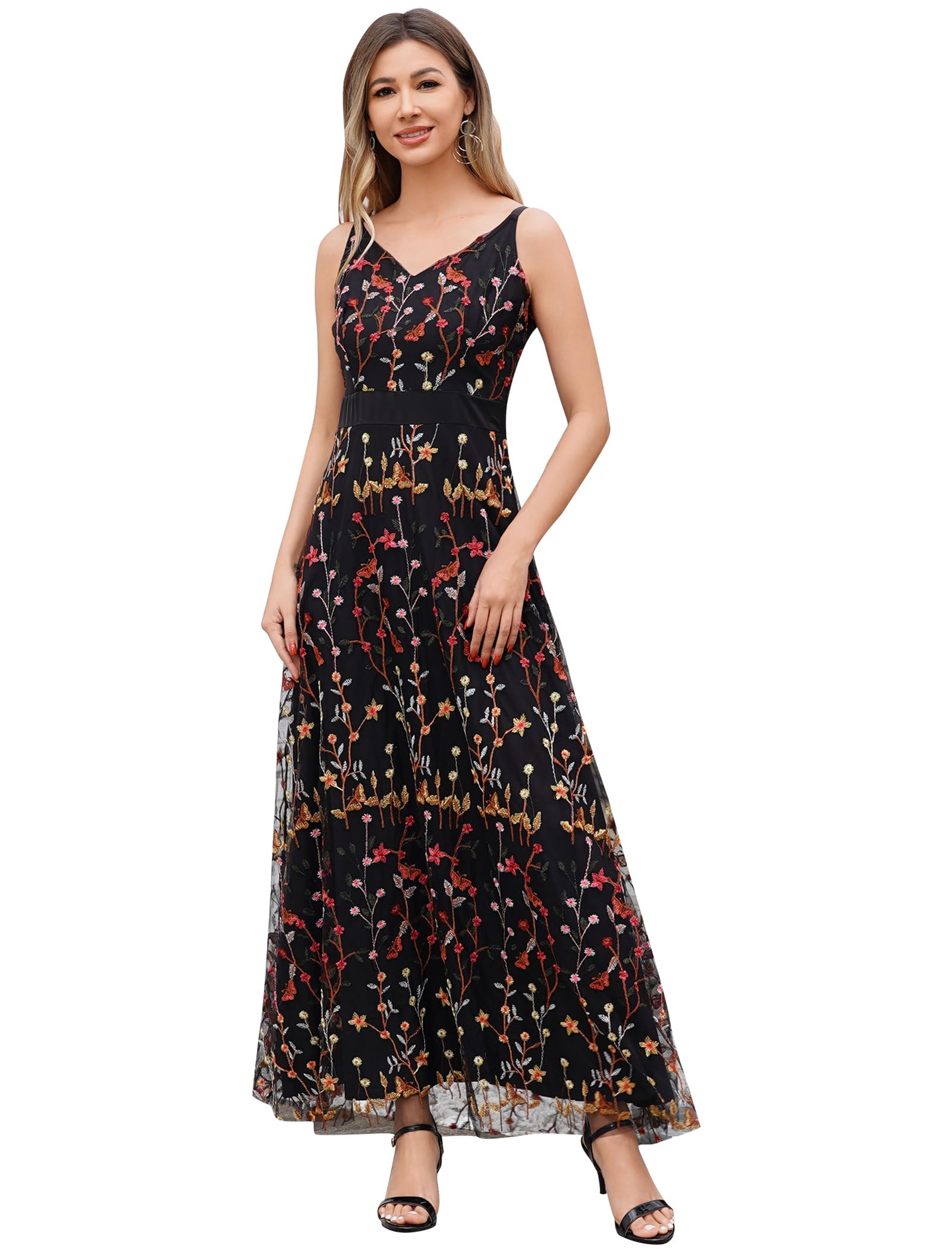Photo 1 of Black Wedding Guest Maxi Dress Summer Floral Embroidered Dress for Women Long Floral Applique Dress Women's V Neck Floral Embroidery Mesh Maxi Dress Party Gown Prom Dress Black M