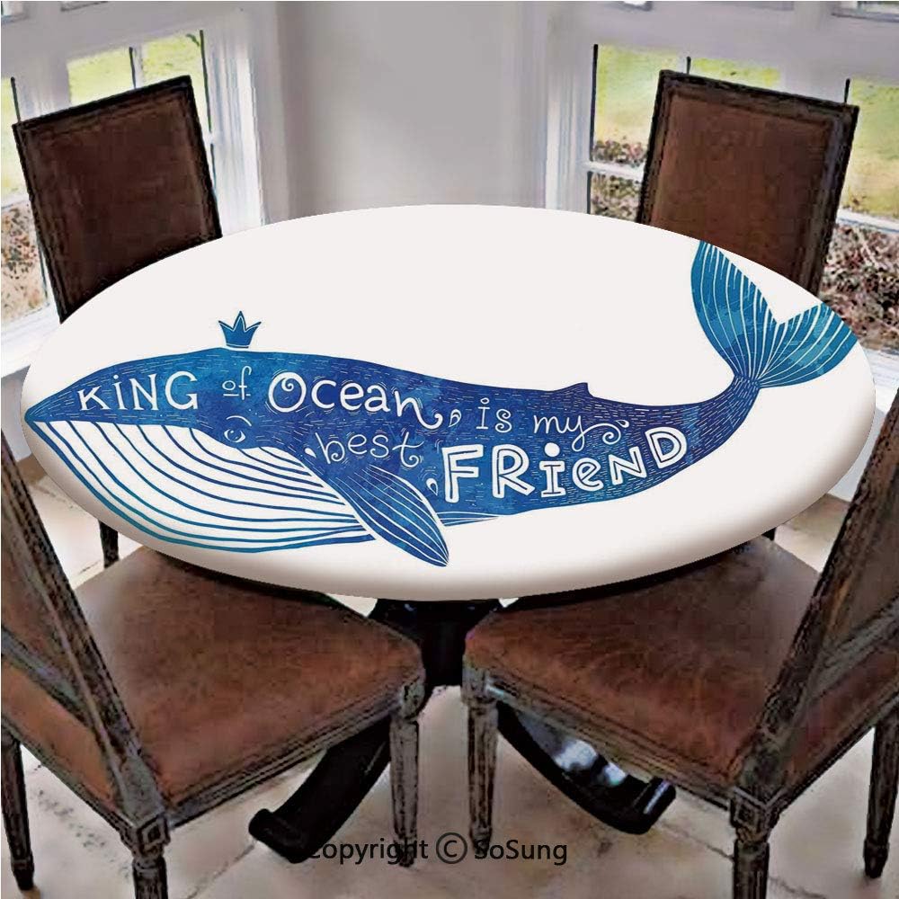 Elastic Edged Polyester Fitted Table Cover,Kind of Ocean is My Best Friend Quote with Whale Fish Paintbrush Artsy Picture,Fits up 45"-56" Diameter Tables,The Ultimate Protection for Your Table,Violet