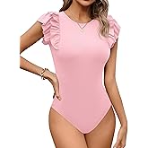 Missufe Women's Summer Ruffle Flutter Sleeve Ribbed Casual Bodysuit Tops