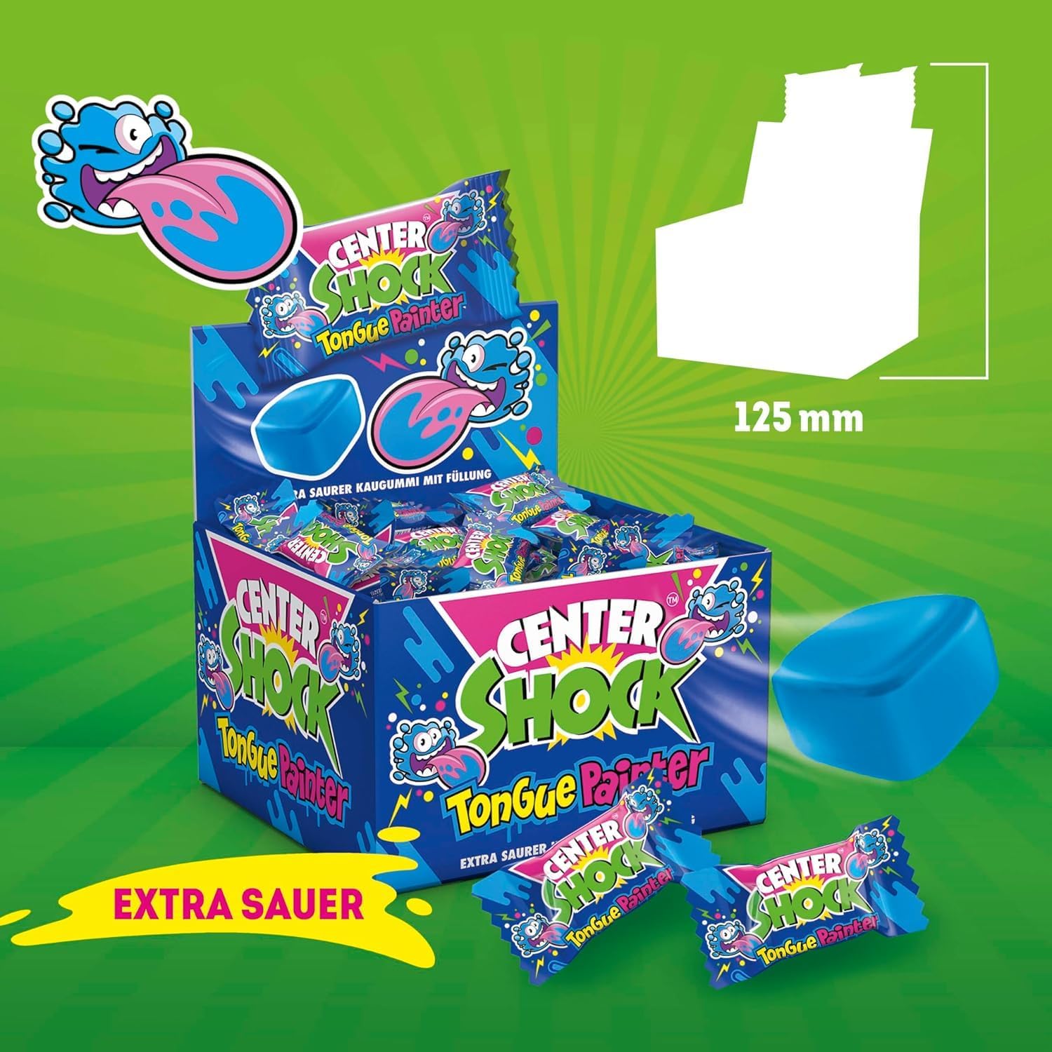 Center Shock Zungenmaler Pillow, Box mit 100 Kaugummis, Extra saurer mit Füllung, geeignet für Geburtstag, Pinata, Candy-Bar und Weihnachten, 400g 4